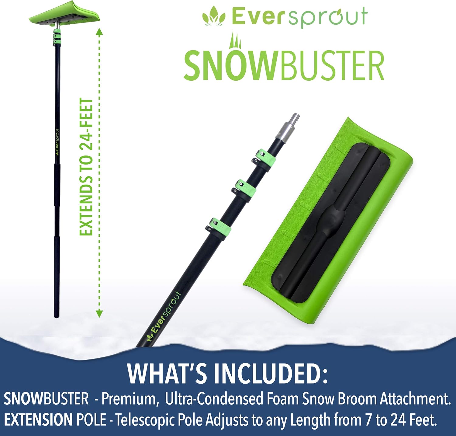 EVERSPROUT Never-Scratch SnowBuster 7-to-24 Foot (Up to 30 Ft Standing Reach) | Pre-Assembled Extendable Roof Rake for Snow Removal | Heavy-Duty