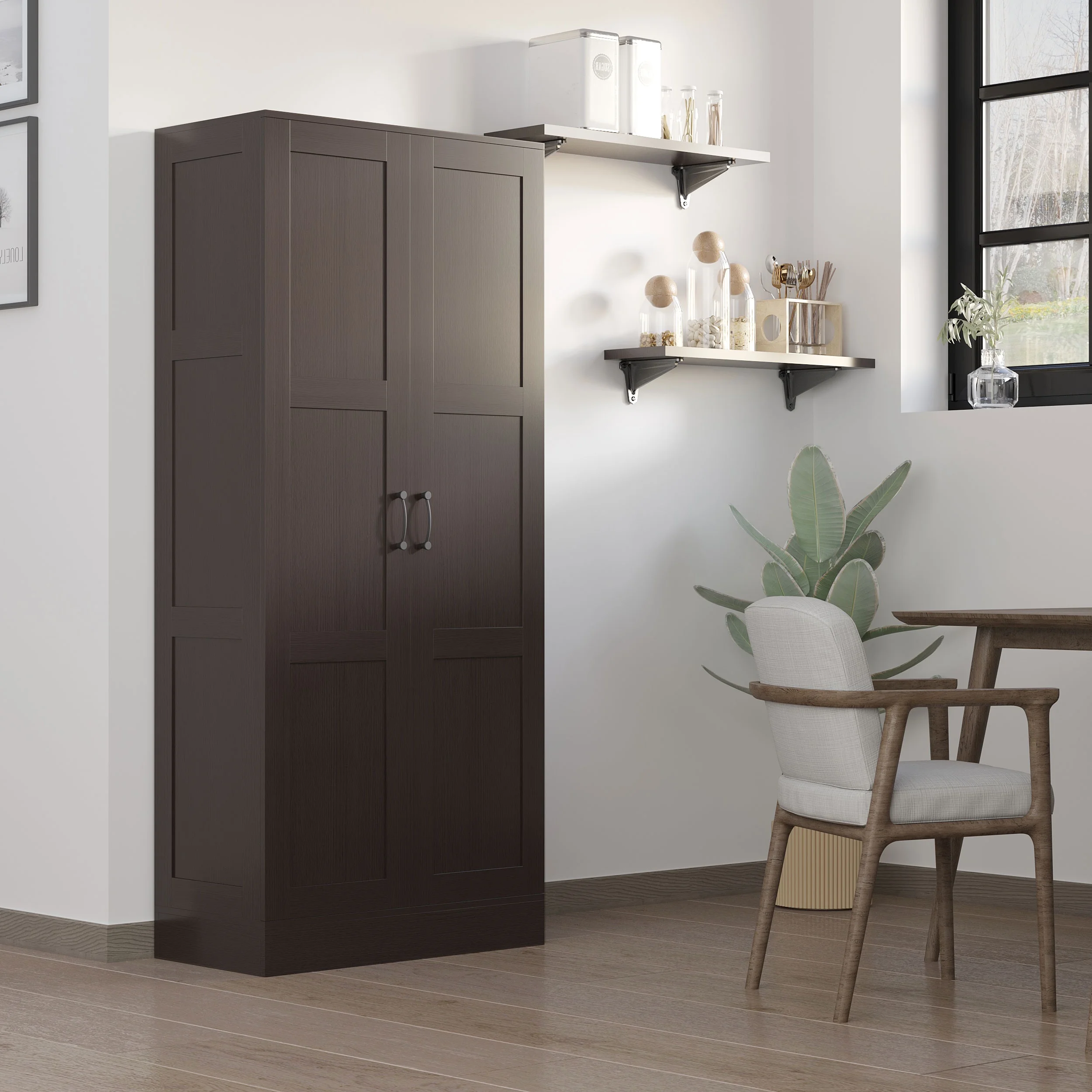 HOMCOM Storage Cabinet w/ Storage Shelves, Pantry Cupboard Cabinet, Coffee