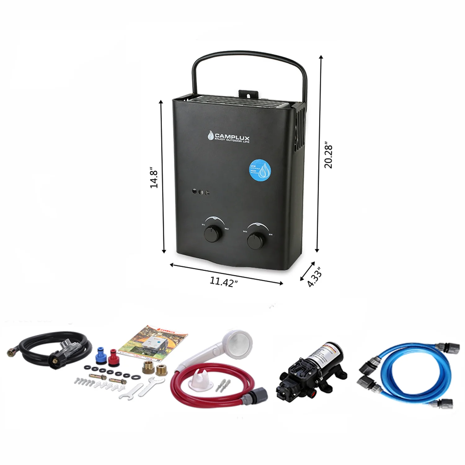 Camplux AY132BP43 Outdoor Portable Propane  Tankless Water Heater with 1.2 V Water Pump Black