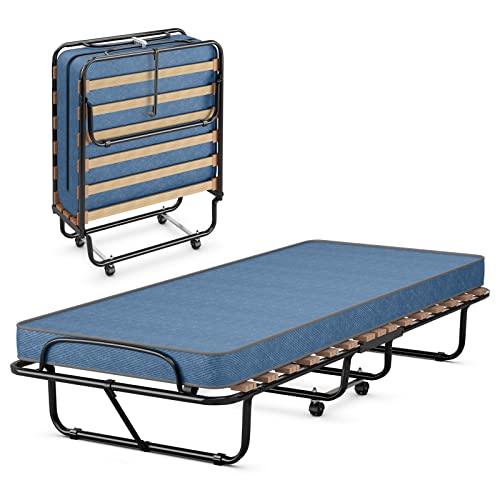 Giantex Folding Bed with 3" Mattress for Adults, Made in Italy, Rolling Foldaway Guest Bed, Memory Foam Mattress, Sturdy Metal Frame