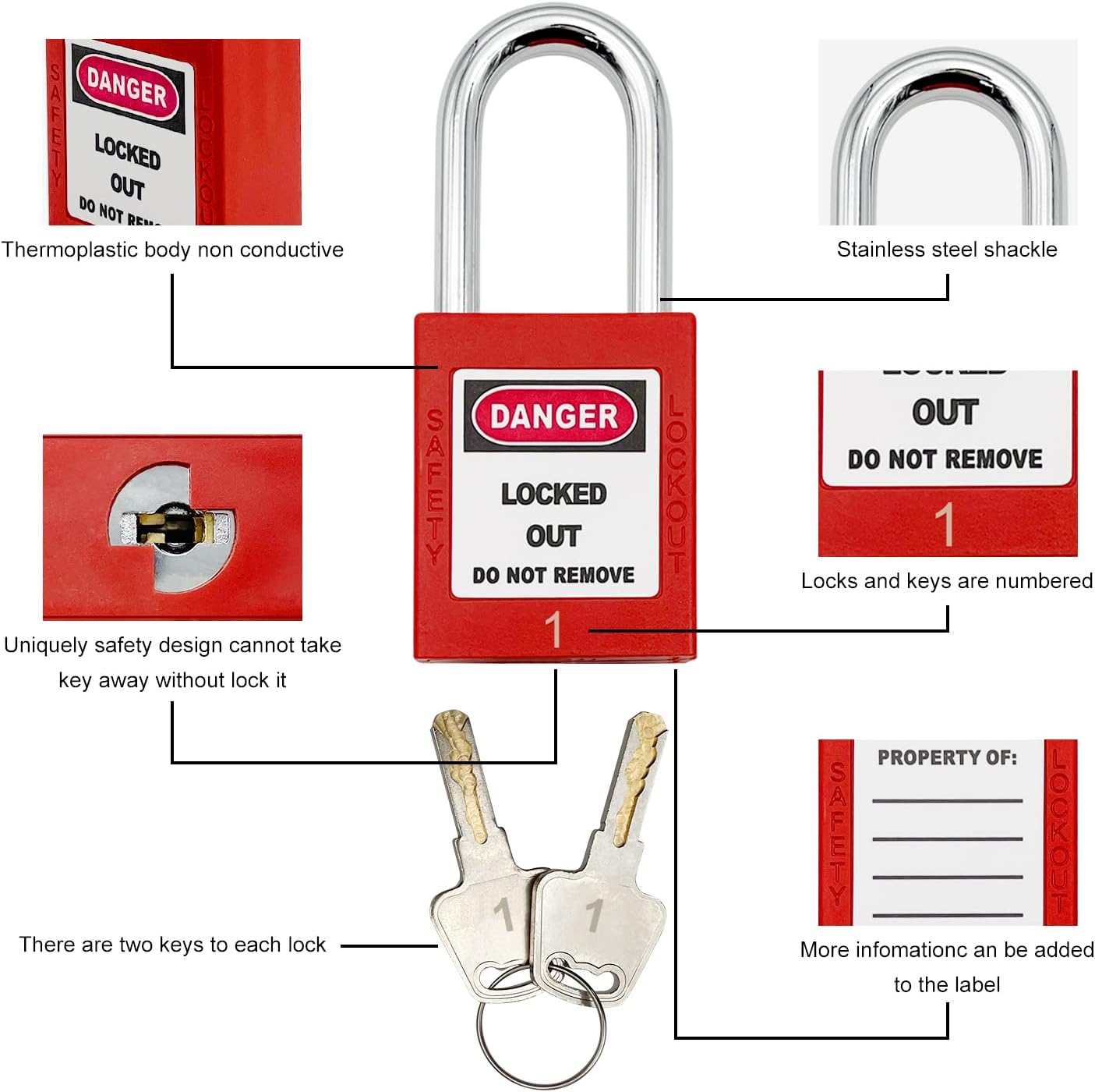Lockout Tagout Station, Includes 10 Key Different Padlocks with Numbers, 2 Lockout Hasps, 20 Lockout Tags, 20 Nylon Cable Pack of 2