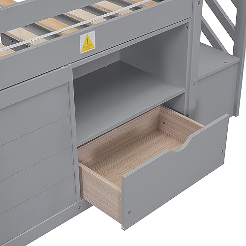 Harper & Bright Designs Low Loft Bed with Stairs, Solid Wood Twin Size Low Loft Bed Frame with Storage Drawers and Shelf