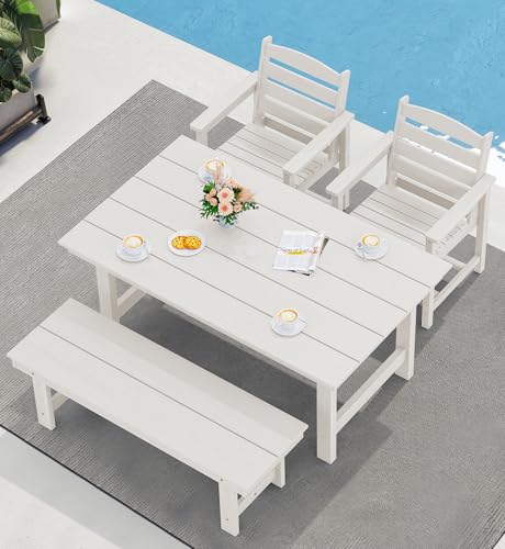 SERWALL Outdoor HDPE Dining Table Set, 7-Piece Outdoor Dining Table Sets with Umbrella Hole Cut-Out Table and 6 Chairs, Gray