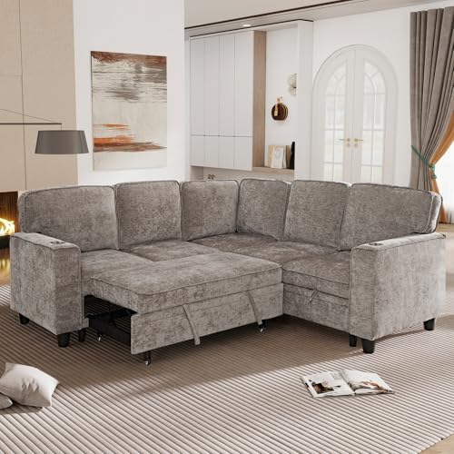 L-Shaped Pull Out Sleep Sofabed,Modern Reversible Sleeper Sectional Sofa Chenille Upholstered Button Tufted Decor with Storage Chaise