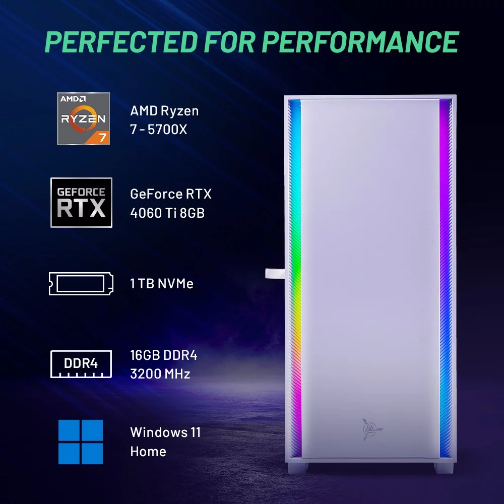 Skytech Shiva Gaming PC, AMD Ryzen 7, NVIDIA rtx 4060Ti, 1TB SSD, 16GB DDR4, Windows 11, New Condition - Radiant Selections