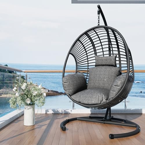 Oversized Hanging Egg Chair Outdoor Indoor, Wicker Swing Egg Chair with Stand 400lbs Capacity for Bedroom, Patio, Garden and Balcony (Beige-nest