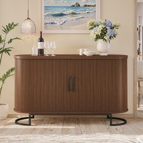 Sideboard Buffet Cabinet with Storage, 54.3" Fluted Tambour, Adjustable Shelves, Mid Century Modern Console for Living Room Kitchen Walnut
