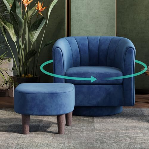 LINSY Swivel Accent Chair Ottoman Set: Velvet Small Barrel Chair with Foot Rest