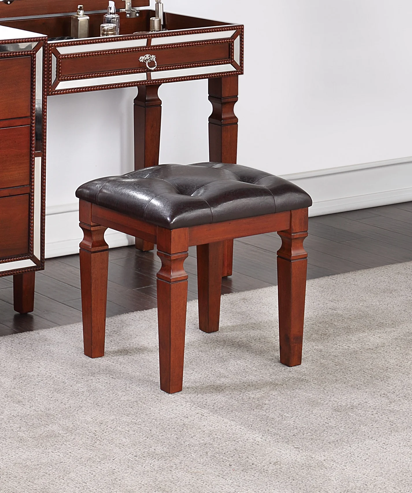 CoSoTower Traditional Formal Cherry Color Vanity Set W Stool Storage Drawers 1PC Bedroom Furniture Set Tufted Seat Stool