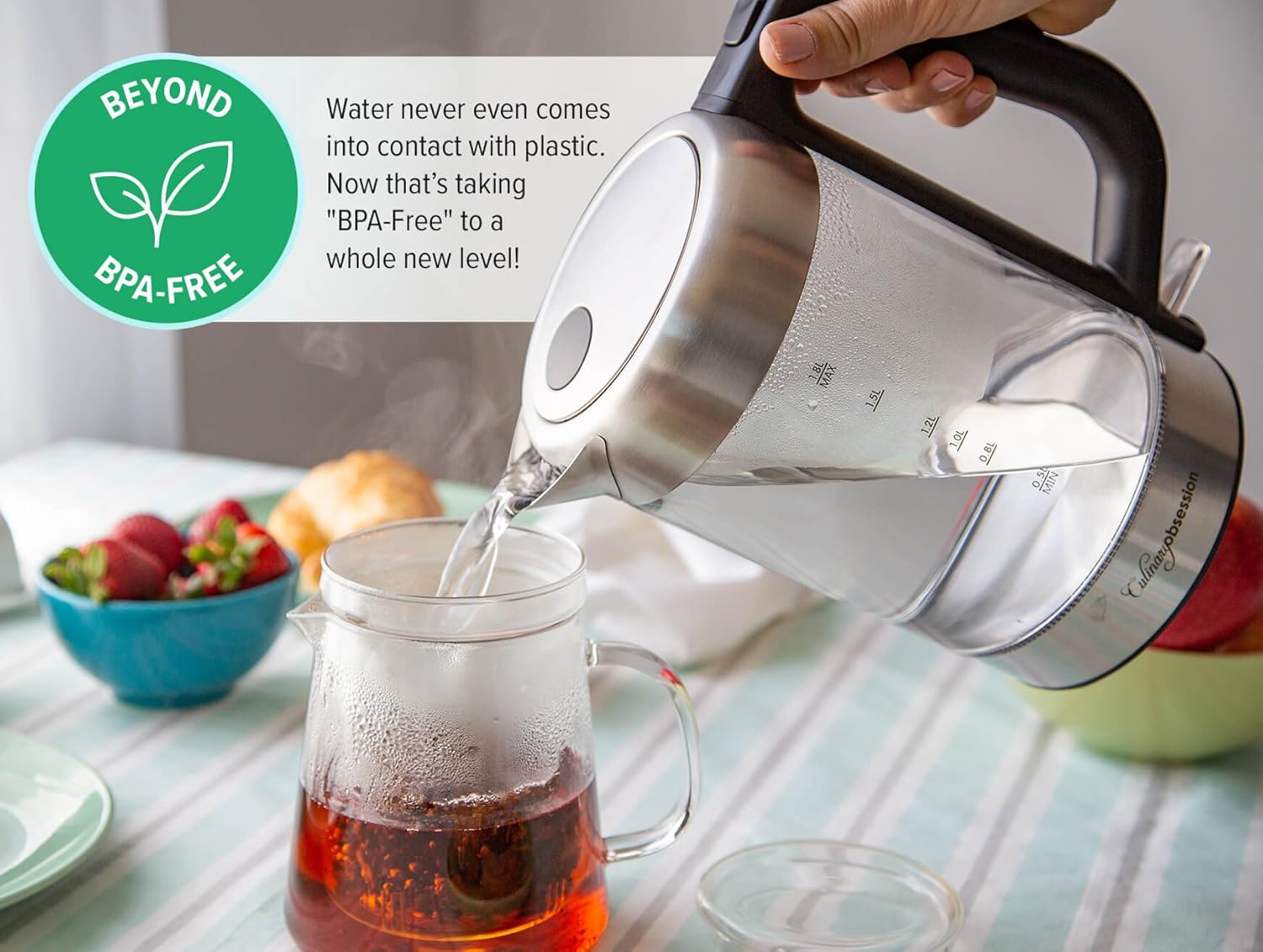 Glass Electric Kettle | BPA Free with Borosilicate Glass & Stainless Steel - 1.8 Liter Rapid Boil Cordless Teapot with Automatic Shut Off