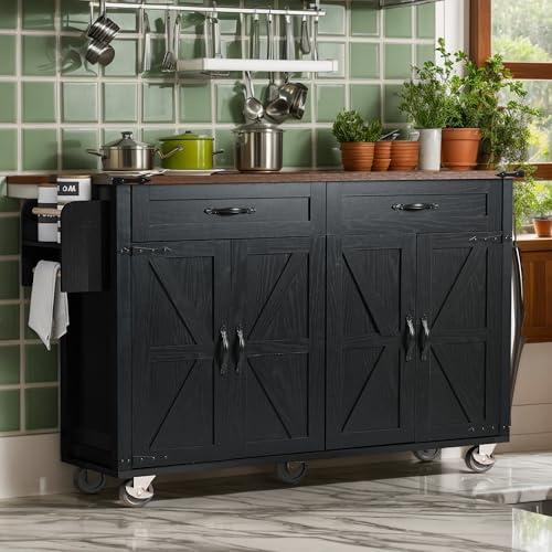 53.7" Farmhouse Kitchen Island with Drop Leaf,2 Drawers,Kitchen Storage Island with Power Outlet,Spice Rack