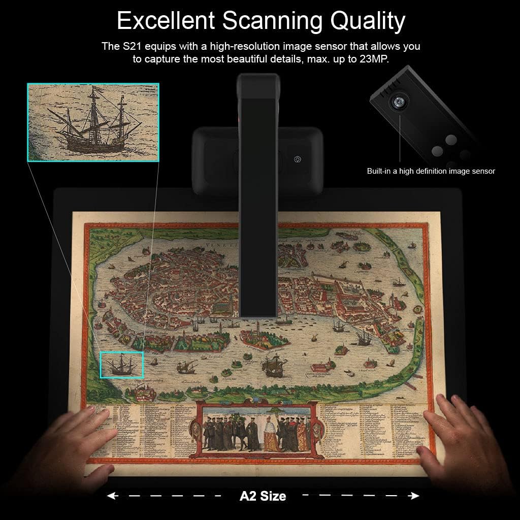 VIISAN A2 Large Format Overhead Book & Document Scanner, 23MP High Resolution, Auto-Flatten & Fingerprint Removal Technologies