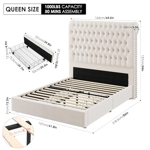 King Size Bed Frame 54" Tall Headboard with Gorgeous Button Tufted and Nail, Velvet Fabric Upholstered Bed Frame includes 4 Under-bed Storage Drawers