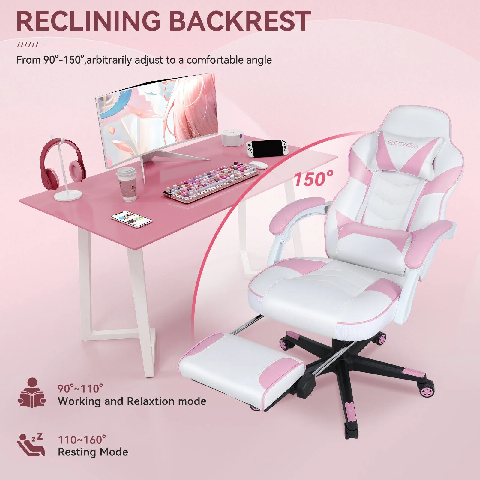 ELECWISH Gaming Chair Adjustable & Lumbar Support Swivel Office Chair, Pink
