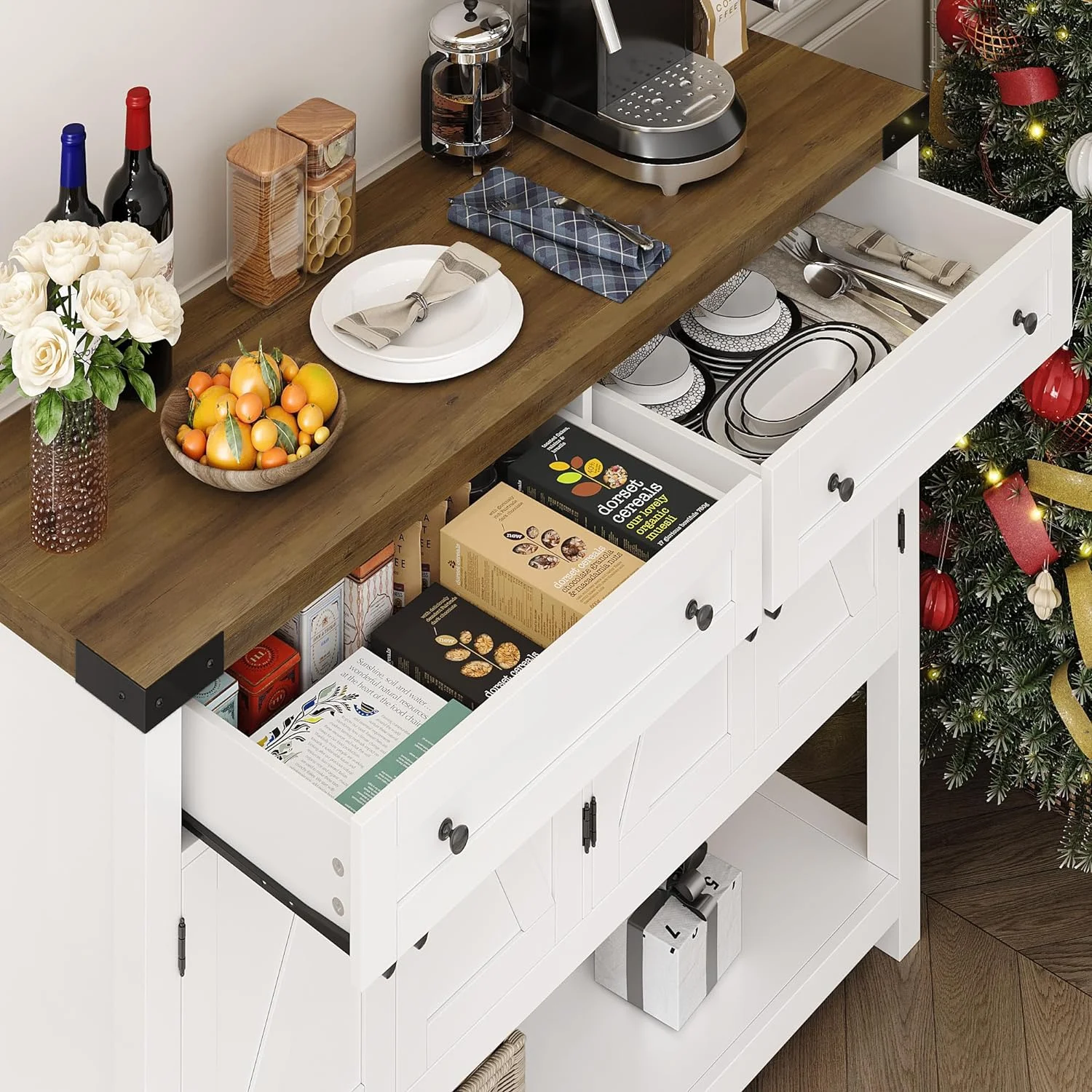 Buffet Sideboard Cabinet with Storage, 47.2" Modern Farmhouse Coffee Bar with 2 Drawers, Barn Doors Console Table with Shelf for Kitchen, Dining Room