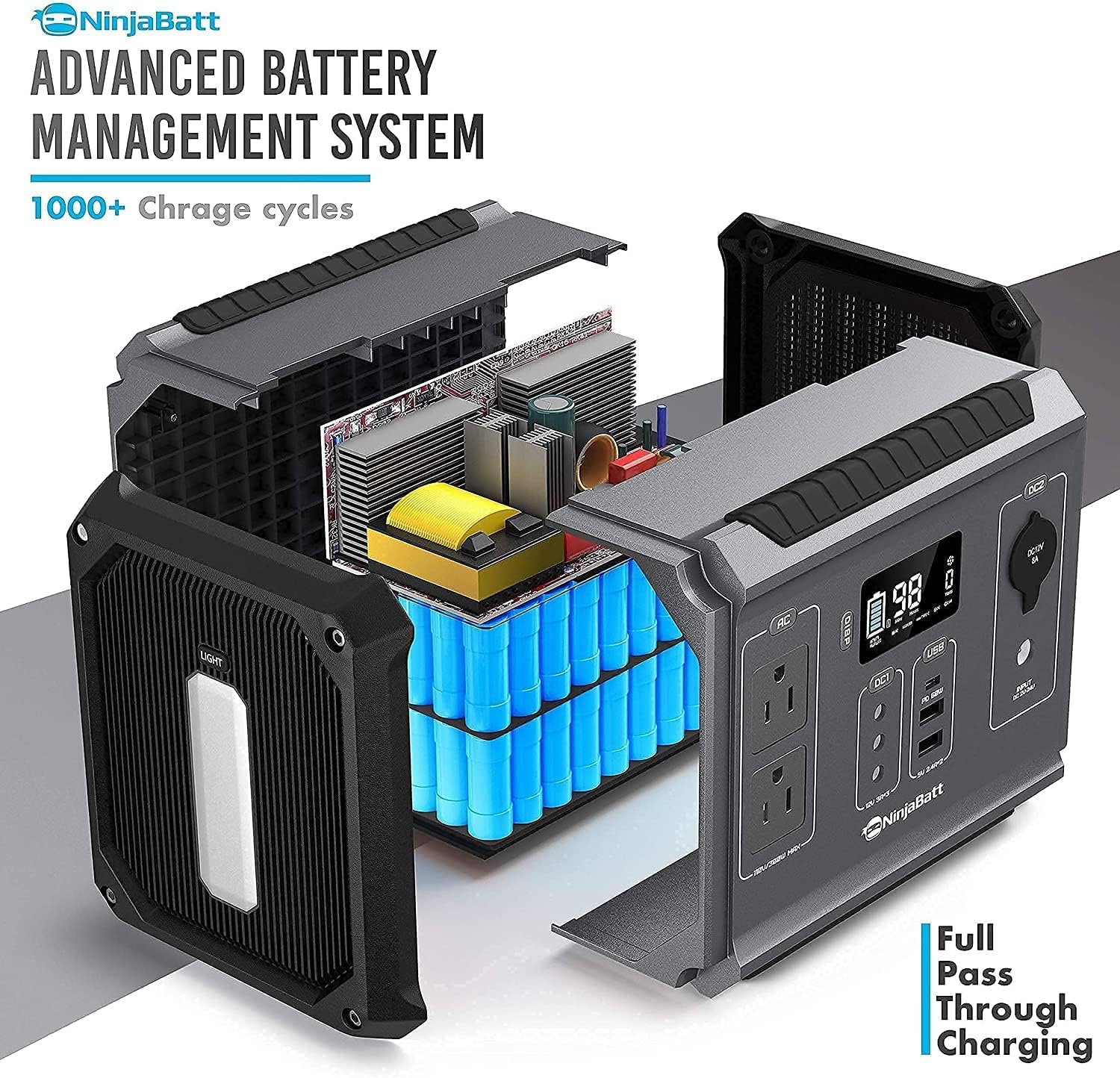 NinjaBatt 300W Portable Power Station, 280Wh Battery Solar Generator with Pure Sine Wave AC Outlets, QC3.0 & USB-C PD 60W