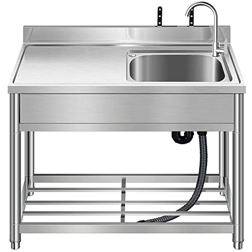 Free Standing Stainless-Steel Single Bowl Commercial Restaurant Kitchen Sink Set w/Faucet, Prep & Utility Washing Hand Basin w/Storage Shelve