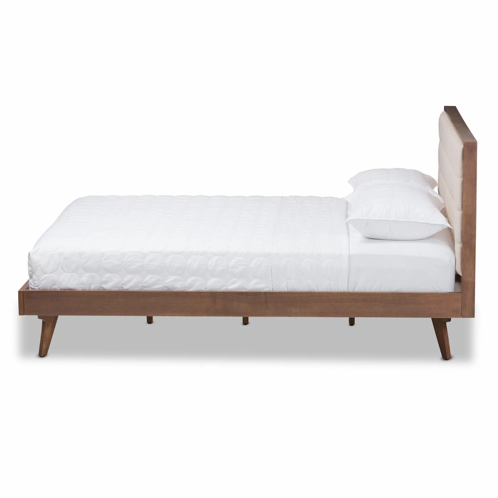 Baxton Studio Soloman Mid-Century Modern Light Beige Fabric and Walnut Brown Finished Wood Platform Bed, Multiple Sizes