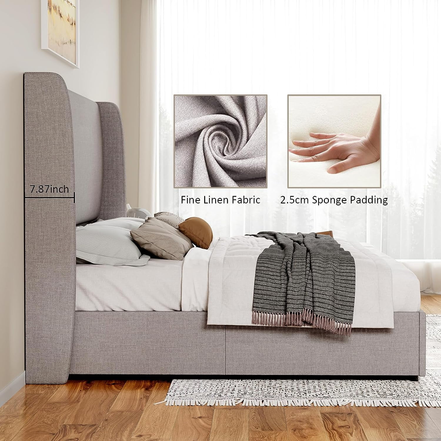 Jocisland Lift Up Storage Bed King Size Linen Upholstered Platform Bed Frame/Hydraulic Storage/Modern Wingback Headboard/No Box Spring Needed/Wood