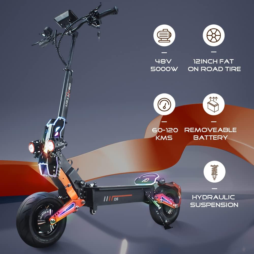 Foldable Electric Scooter with Seat, 5000W Dual Motors, 50MPH, 48V35AH Removable Battery, 75 Mile Range, 12 Inch Tubeless Off-Road Tires