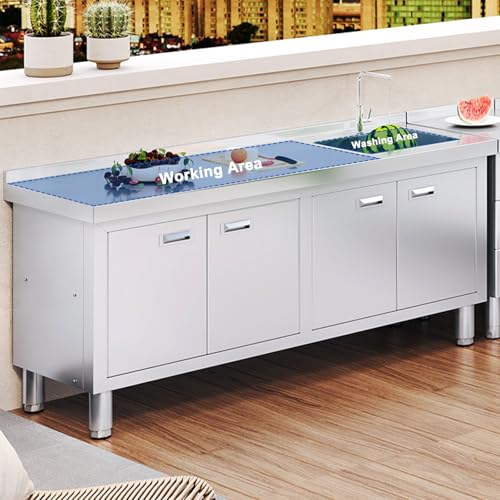 ZZV Freestanding Stainless Steel Sink with Cabinet Heavy Duty Utility Sink Commercial for Kitchen Restaurant Hotel Cafe and Outdoor