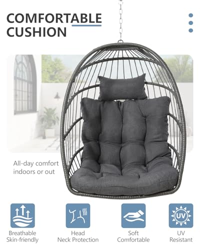 SWITTE Egg Chair Outdoor with Stand, Indoor Wicker Hanging Egg Swing Chair with Cushion, 350lbs Capacity for Patio, Bedroom, Garden - Gray