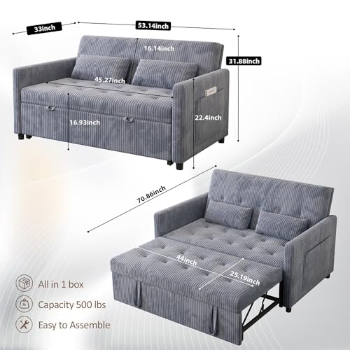 Sofa Bed, Loveseat 3-in-1 Sleeper Sofa with Pull Out Bed, Pockets and USB