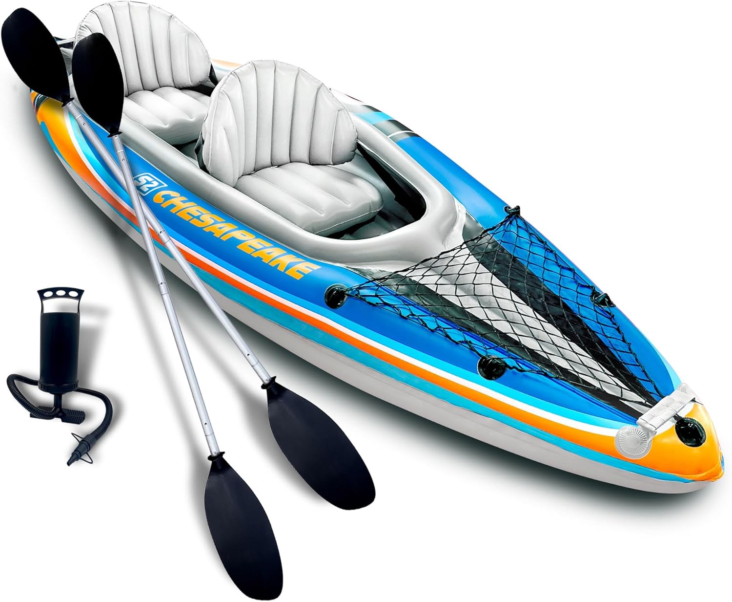 Sunlite Sports 2-Person Inflatable Kayak with Aluminum Oars (136" x 33"), High Output Air Pump and Storage Bag, Double Tandem Kayak for Adults