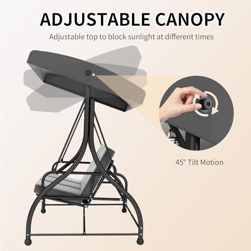 3-Seat Outdoor Porch Swing Glider with Adjustable Canopy, Patio Swings Bed with Removable Cushion for Porch, Backyard, Garden, Poolside, Balcony