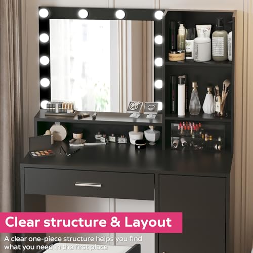 Vanity Desk with Mirror and Light, Large Drawer and Three Level Storage Dresser, 3 Lighting Modes Adjustable Brightness