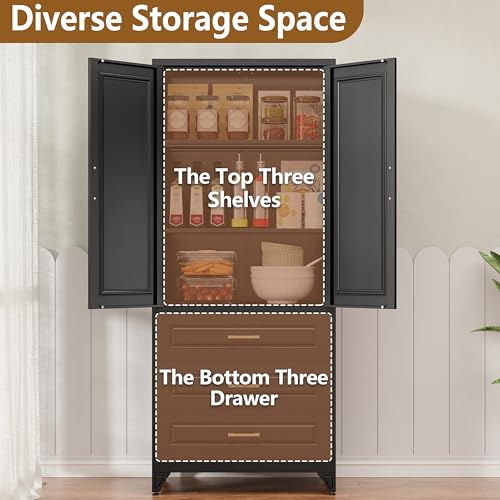 Pantry Cabinet, 71 Inch Tall Kitchen Storage Cabinet, Metal Pantry Cabinet with Doors and Adjustable Shelves, Black Food Cupboard