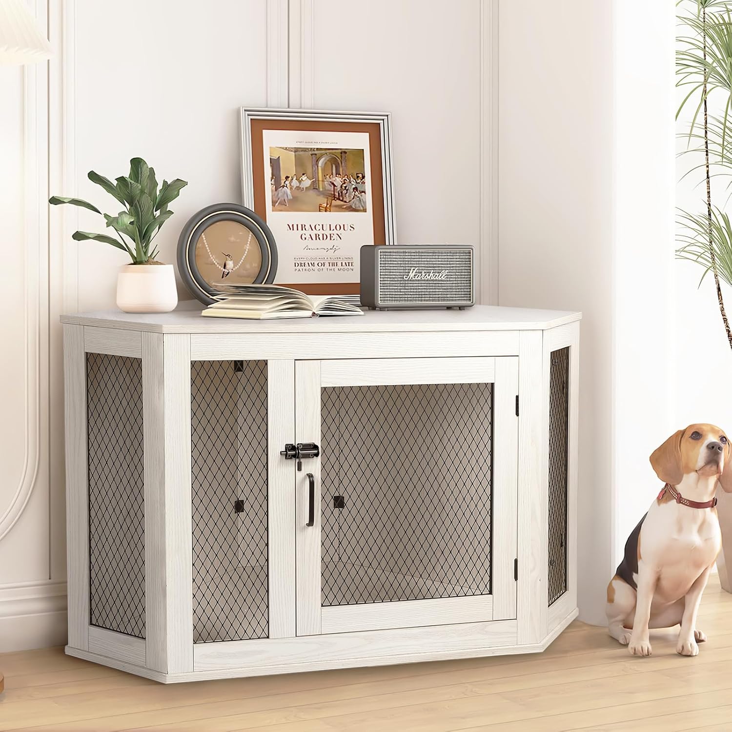 OFIKA Corner Dog Crate Furniture, Wooden Corner Dog Kennel Side End Table with Metal Mesh