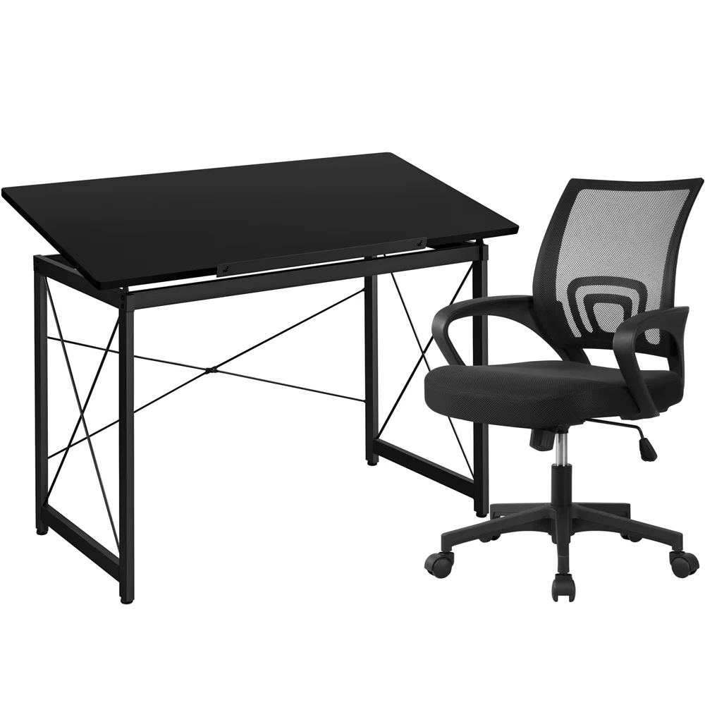 Yaheetech Drafting Table for Artists w/ Tilting Tabletop and Height-Adjustable Mid-Back Mesh Office Chair Set, Black