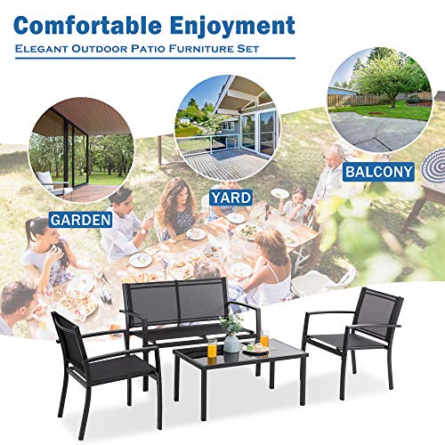 Vongrasig 4 Pieces Patio Furniture Sets,Outdoor Patio Conversation Sets with Glass Coffee Table, Small Porch Balcony Furniture