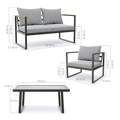 EAST OAK Courtyard Patio Furniture Set, 4-Piece Outdoor Patio Set with Sofa, Removable & Washable Deep Seating Cushion, Tempered Glass Table