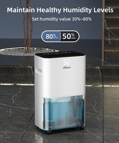 50 Pints Dehumidifier for Basement, Britsou Dehumidifiers for Home with Drain Hose - Quiet Smart Dehumidifier with 3 Modes, 24 Hr Timer