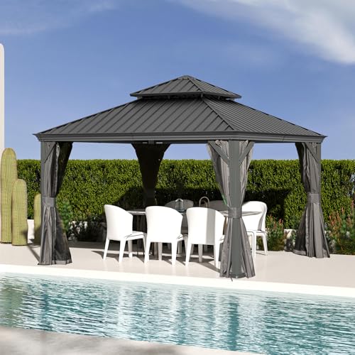 Domi 10’ x 10’ Hardtop Gazebo Metal Frame Canopy with Netting & Curtains