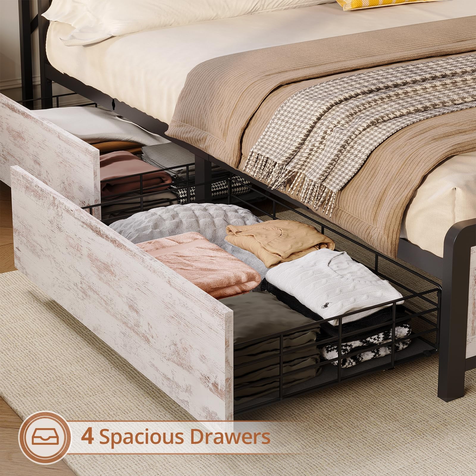 Full Size Bed Frame with Storage Headboard & 4 Drawers, Headboard with Hidden Storage, Farmhouse LED Bed Frame with USB-C/A Charging Station