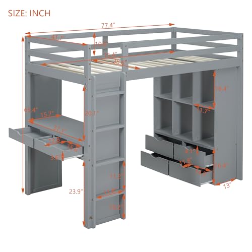 Full Size Loft Bed with Desk & Wardrobe, Solid Wood Kids Loft Bedframe w/3 Storage Drawers & 2 Shelves, Maximum Space Design, for Bedroom, Dorm, Gray