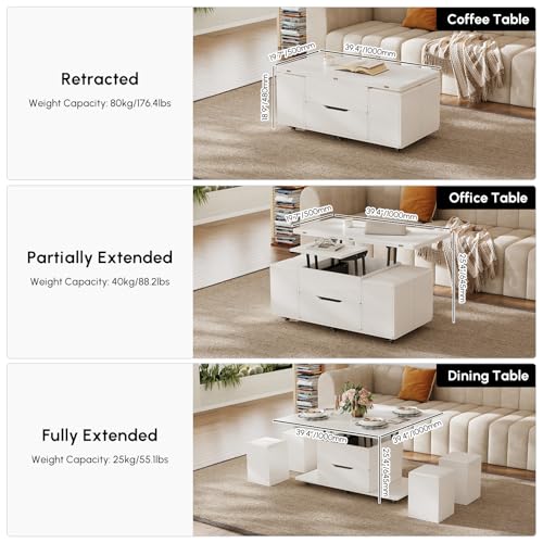 homary Black Lift-Top Coffee Table with Hidden Storage, 3-in-1 Modern Folding Center Table with 4 Stools, Casters