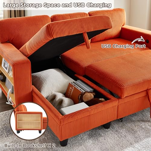 RedLemon 80” Sleeper Sofa Bed,L-Shaped Convertible Sectional Couch with Storage Chaise,2 Built-in Bookshelves and USB Charging Port