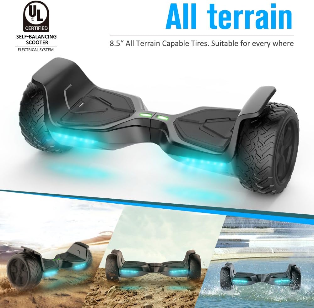 TOMOLOO Hoverboard All Terrain with Bluetooth Speaker and LED Lights Self-Balancing Scooter UL2272 Certified 8.5" Wheel Electric Scooter for Kids and