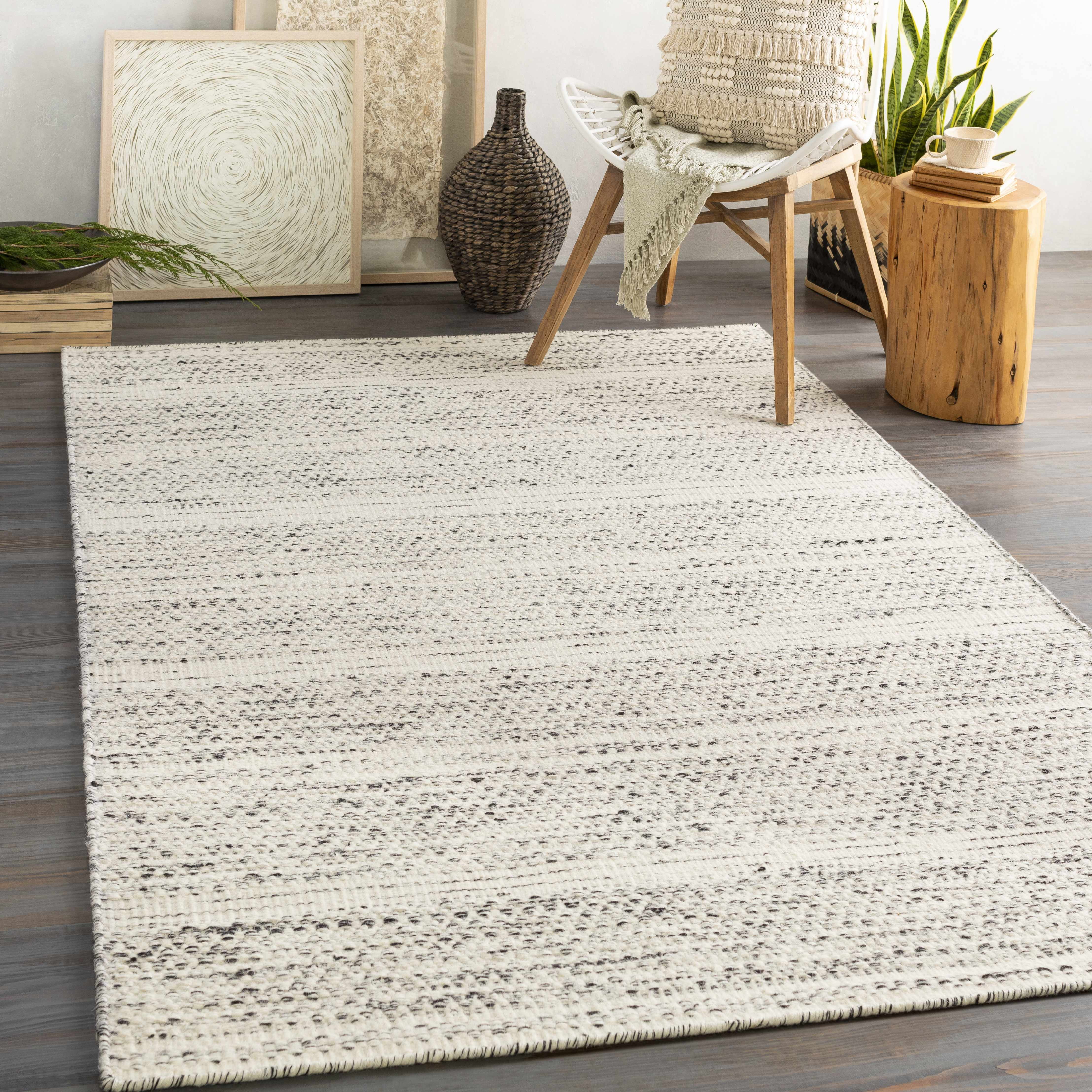 Wooly Natural Fiber Contemporary Living Room Bedroom Area Rug - Moroccan Farmhouse -100% Wool - Handmade Handwoven Carpet - Bohemian No Pile - Black
