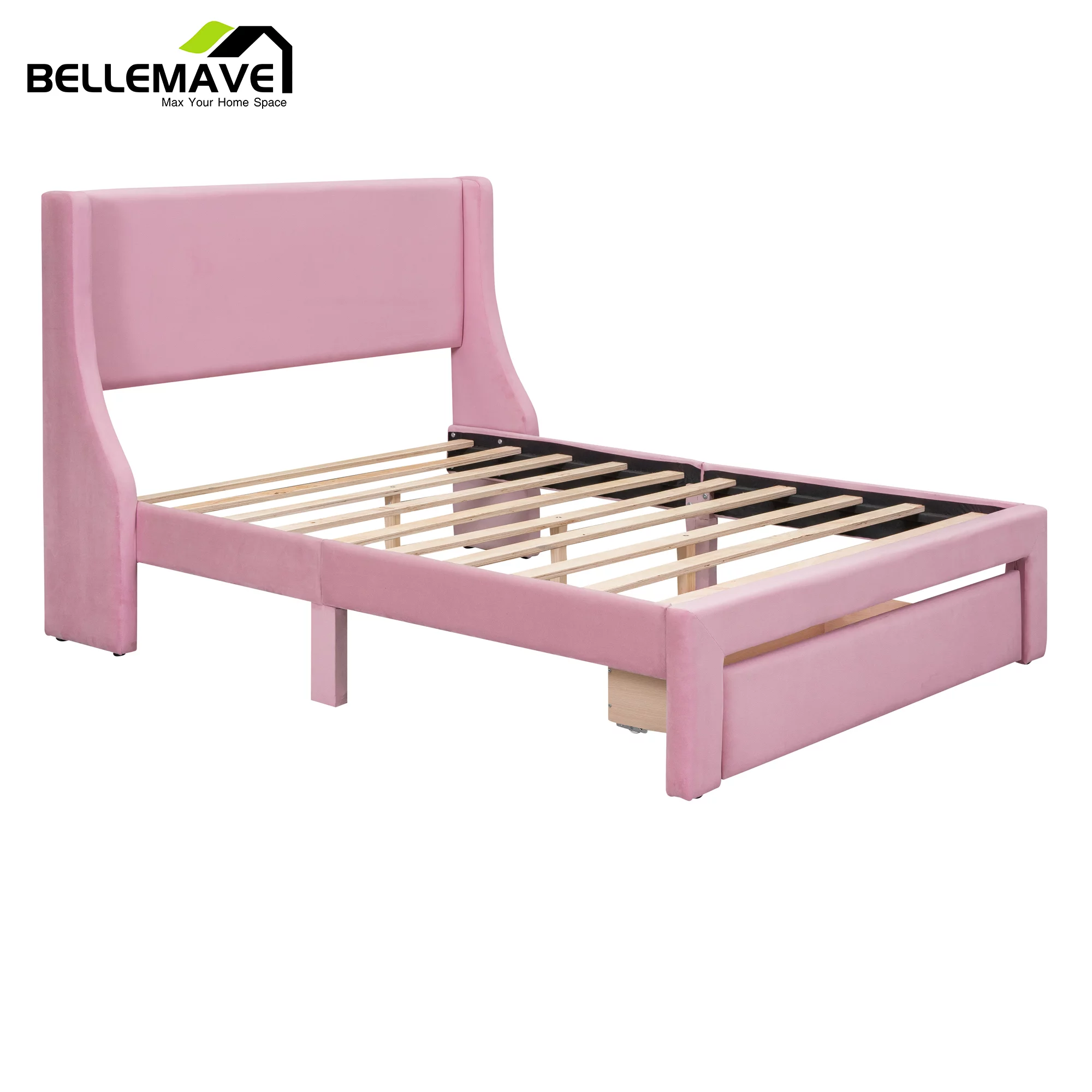 Bellemave Full Size Pink Velvet Upholstered Platform Bed with One Spacious Drawer and Wood Slats