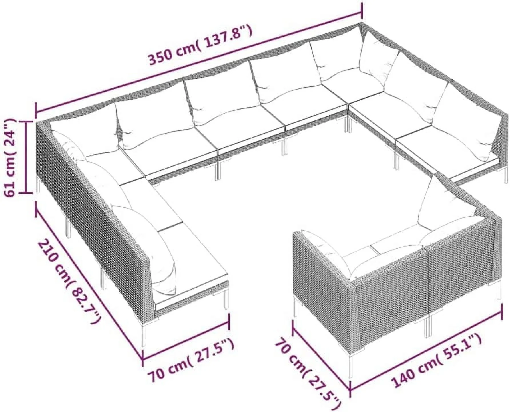 Garden Outdoor Lawn Yard Terrace Balcony Seat Seating Sitting Chair Bench Furniture Patio Sofa Set 13 Piece Patio Lounge Set with Cushions Poly