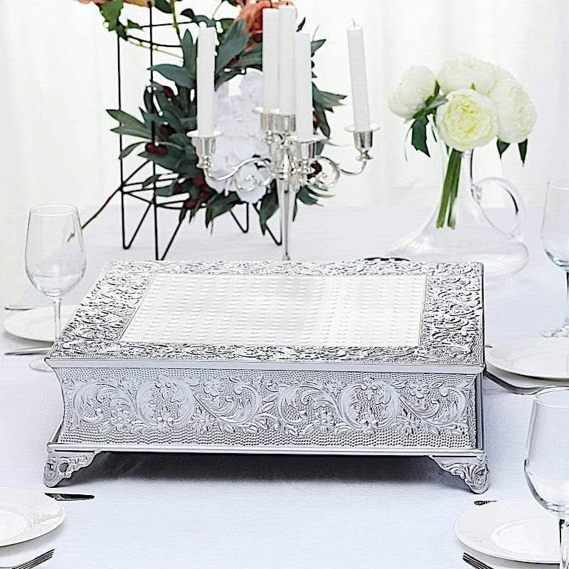 18x18 in Wide Silver Square Embossed Wedding Cake Stand Riser