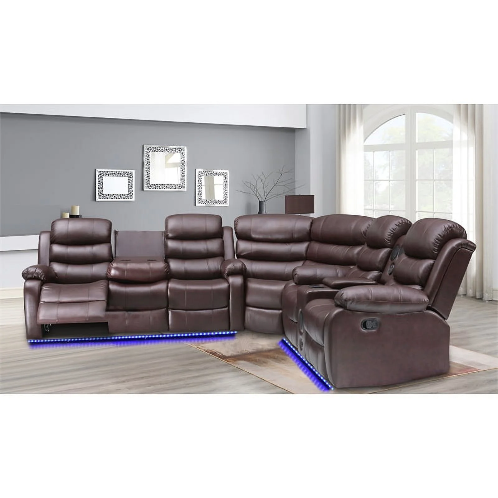 Donivi LED Faux Leather Reclining Sectional in Brown