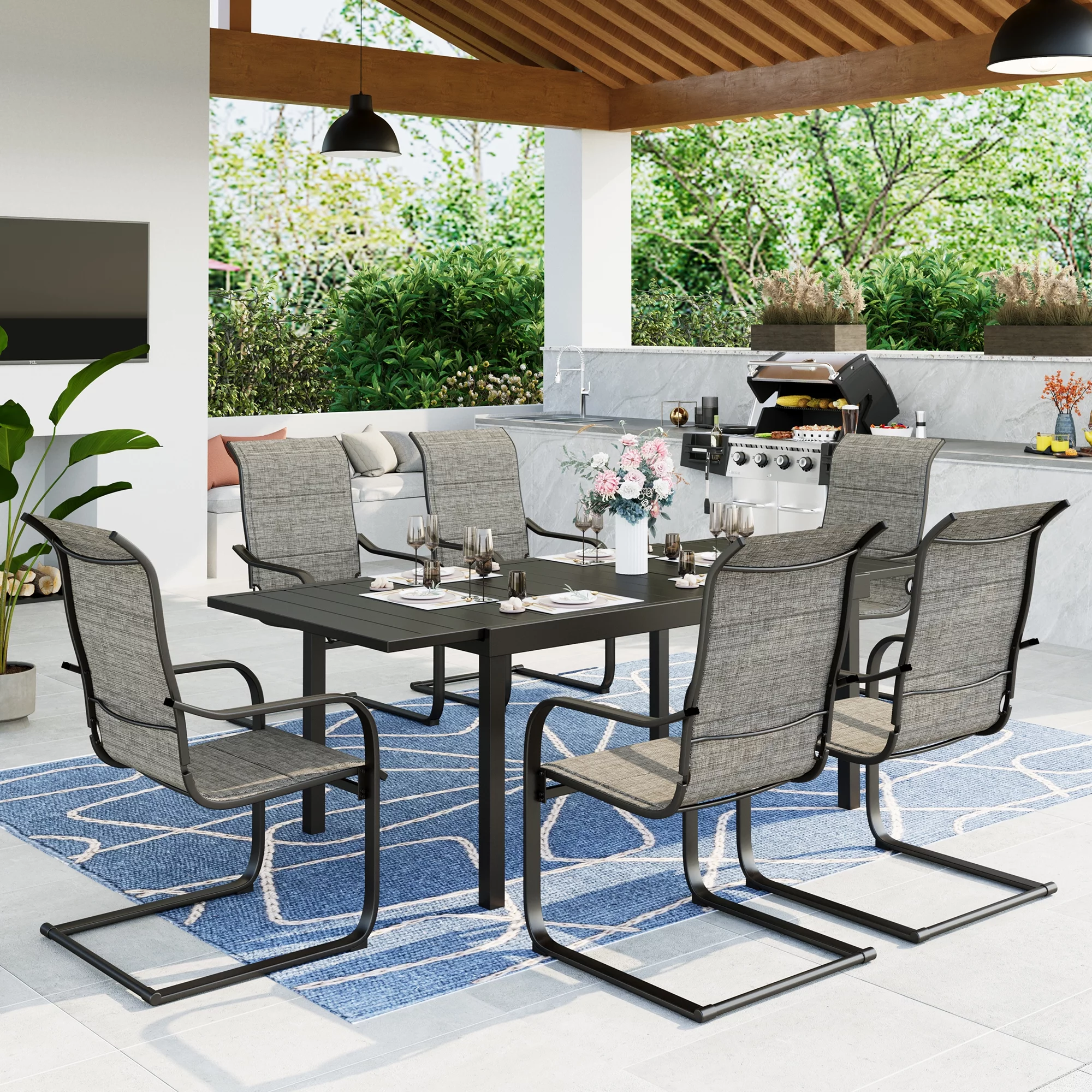 MF Studio 7 Pieces Outdoor Patio Dinning Set with 6 C Spring Textilene Chairs and 1 Metal Extendable Dining Table for 6 Person,Black&Gray