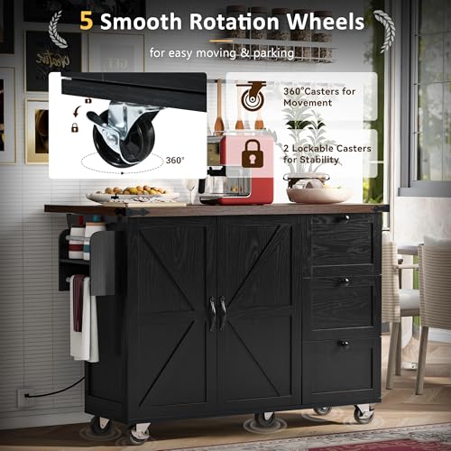 Amposei Farmhouse Rolling Kitchen Cart Island with Power Outlet & Drop Leaf, Wooden Mobile Storage Island on Wheels with Drawers, Spice Rack
