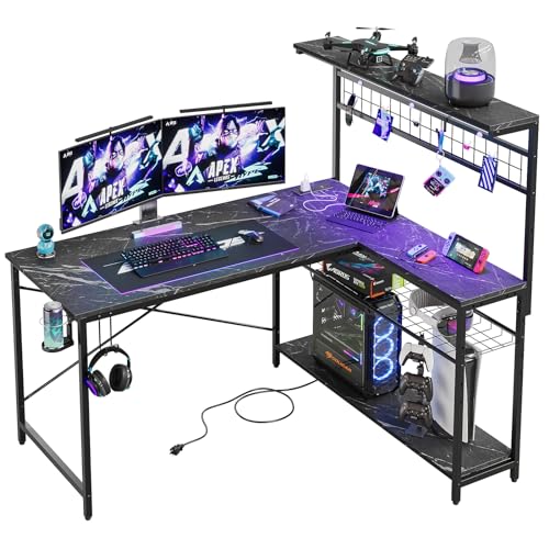 Bestier 42 L Gaming Desk,Computer Desk with Power Outlets, LED Lights, Reversible Corner Desk with 4-Tier Shelves,Cup Holder & Hook Carbon Fiber Black